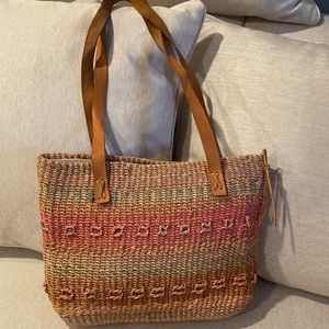Straw Woven Multicolor Leather Shopper Tote Bag purse zippered handbag
